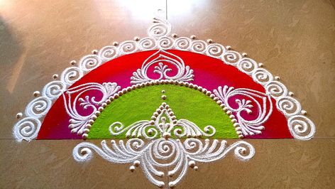 Half Circle Sanskar Bharti Rangoli, Half Sanskar Bharti Rangoli, Half Round Rangoli Designs, Half Circle Rangoli Designs Easy, Rangoli Designs Semi Circle, Semicircle Rangoli, Semicircle Rangoli Designs, Sanskar Bharti Rangoli Designs Beautiful, Half Rangoli Designs