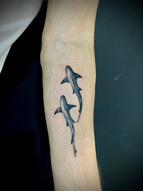 Small Shark Tattoo, Aquatic Tattoo, Shark Tattoo Ideas, Hai Tattoo, Nautical Tattoo Sleeve, Small Shark, Shark Tattoo, Ocean Tattoos, Cool Chest Tattoos