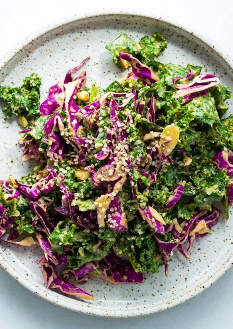 Kale Cabbage Salad, Kale Salad Dressing, Justine Snacks, Kale Cabbage, Grilled Romaine Salad, Spicy Cashews, Edamame Salad, Cabbage Salad Recipes, Massaged Kale