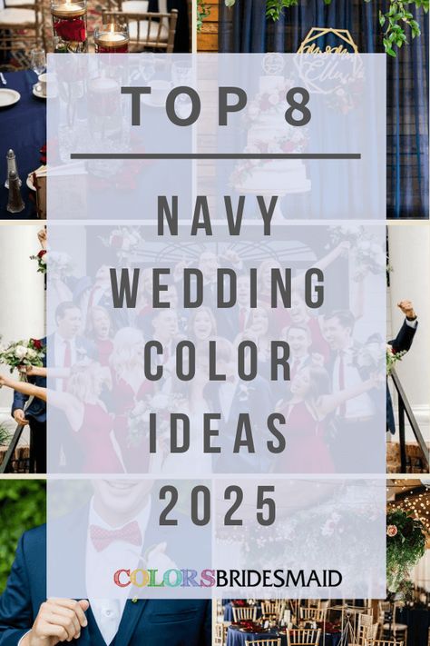 Navy blue and white for navy blue wedding colors 2025, navy blue bridesmaid dresses, white bridal gown, navy blue wedding tablecloth and white flowers and greenery of bouquets, reception centerpieces and wedding cake, white and navy blue wedding cake, wedding invitation and wedding direction sign. Grey And Yellow Groomsmen, Midnight Blue Wedding Theme, Navy Blue Wedding Colors, Navy Blue Wedding Party, Wedding Colors 2025, Navy Blue Groomsmen Suits, Navy Blue Groomsmen, Navy Blue And Hot Pink, Blue Wedding Colors