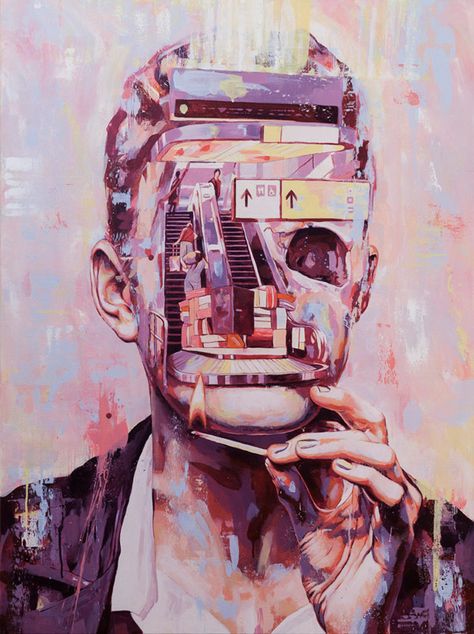 'Baggage Claim' acrylic painting by Sam Octigan from his latest solo exhibition 'No Place Like Home'. Surreal Portrait, Artist Portfolio, Art Curator, Fan Fiction, Australian Artists, Student Art, Visual Artist, House Painting, Interesting Art