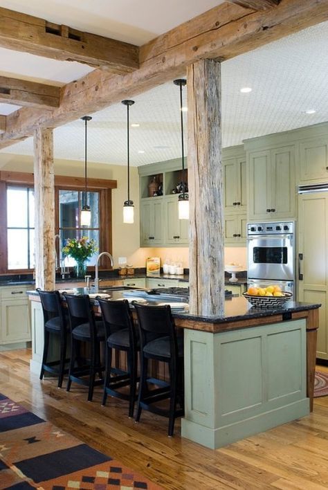 Rustic Farmhouse Kitchen Cabinets, Rustic Kitchen Lighting, Rustic Kitchen Island, Kabinet Dapur, Farmhouse Kitchen Cabinets, Rustic Kitchen Design, Rustic Farmhouse Kitchen, Kitchen And Dining Room, New Kitchen Cabinets