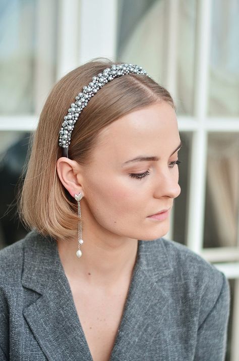 This silver sparkly headband is embroidered with glass beads. Each bead is sewn on the headband base making it unique handmade headpiece. It is very comfortable, lightweight, and easy to wear and is a perfect choice for those who like an elegant style. Hair Accessories Updo, Silver Winter Wedding, Sparkly Headband, Silver Hair Accessories, Designer Hair Accessories, Custom Headbands, Headband Size, Wedding Silver, Headband Outfit