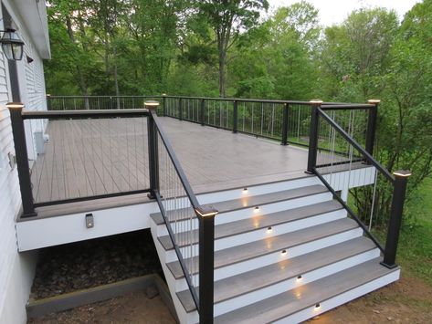 Danville Deck Replacement: Upper Dauphin Vinyl Products Deck With Stairs In Middle, Deck Railing Design Ideas, Vertical Cable Railing, Backyard Deck Ideas, Vinyl Decking, Cable Railing Deck, Vinyl Deck, Raised Ranch, Deck Remodel