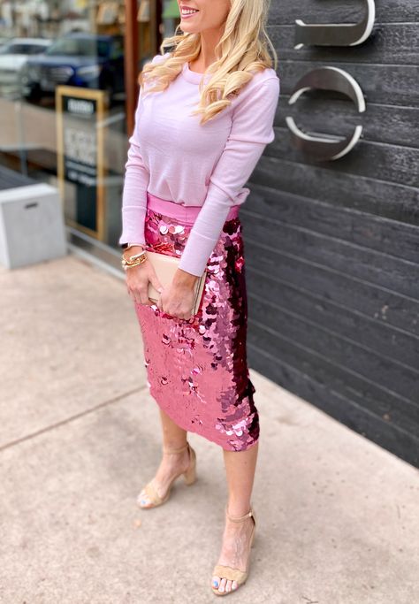 Gorgeous Sequin Skirt | Pink pencil skirt | Pencil skirt outfit Pink Sequin Skirt Outfit, Sequin Pencil Skirt Outfit, Pink Pencil Skirt Outfit, Metallic Skirt Outfit, Pink Sequin Skirt, Skirts Collection, Sequin Skirt Outfit, Pink Skirt Outfits, Pencil Skirt Outfit