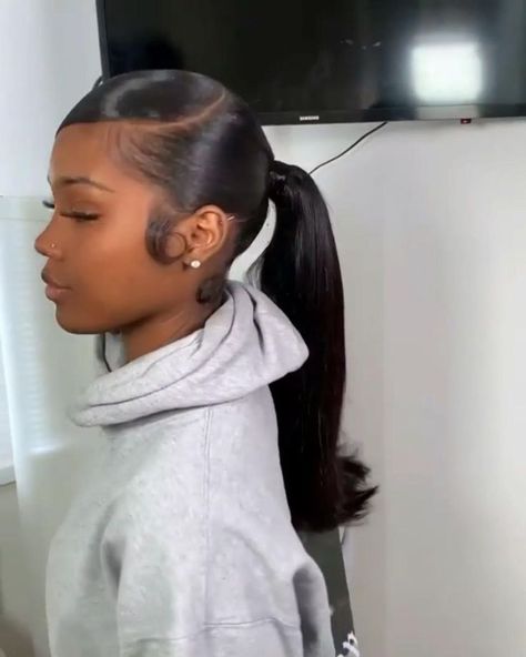 Long Slick Back Ponytail Weave, Slick Back Barbie Ponytail Weave, Side Swept Ponytail Black Hair, Black Slick Back Ponytail, Short Slick Back Ponytail, Ponytails With Extensions, Slick Back Hairstyles With Weave, Black Homecoming Hairstyles, Flipped Ponytail Hairstyles Black Women