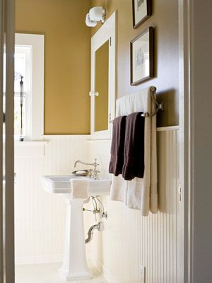 Yellow Bathroom Design Ideas Mustard Yellow Walls, Painted Wainscoting, Beadboard Bathroom, Beadboard Wainscoting, Wainscoting Styles, Mustard Walls, White Wainscoting, Yellow Bathroom, Yellow Bathrooms