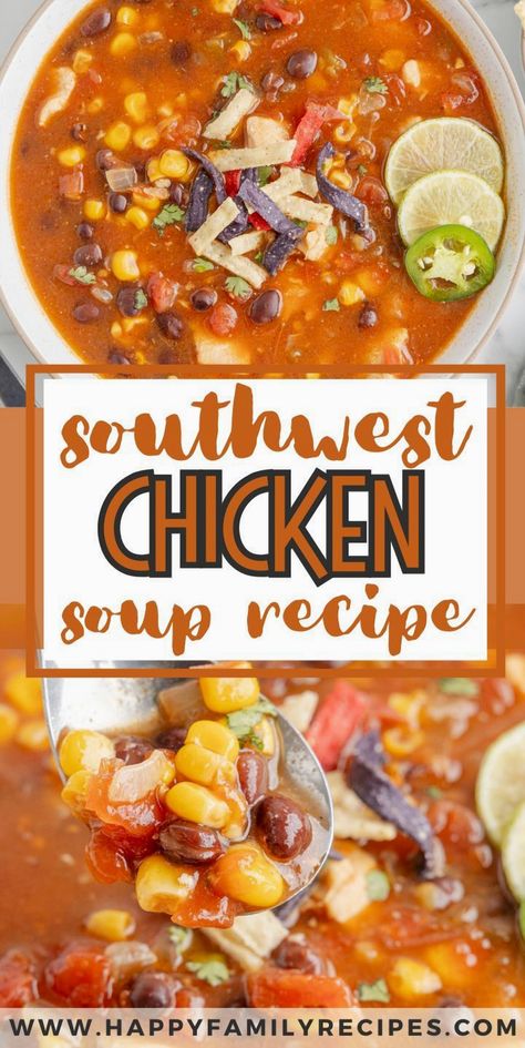 Warm up your evenings with this hearty Southwest Chicken Soup, effortlessly made in just one pot. Packed with tender chicken, vibrant veggies, and a kick of southwestern spices, this comforting dish is perfect for busy weeknights. Enjoy the rich flavors and minimal cleanup, making it a family favorite you'll want to revisit again and again. Southwest Chicken And Rice Soup, Chicken Southwest Soup, Southwest Soup Chicken, Southwest Soup Recipe, Southwest Chicken Chili Recipe, Southwest Soup, Tomato Soups, Southwest Chicken Soup, Southwest Recipes