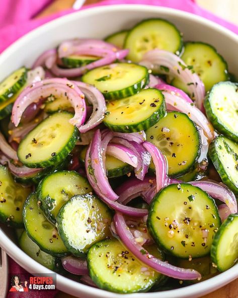 Fresh Cucumber Side Salad with Red Onions Cucumber Red Onion Salad, Cucumber Side, Zucchini Corn Fritters, Cucumber Onion Salad, Cucumber Salad Vinegar, Fresh Cucumber, Summer Side Dish, Cucumbers And Onions, Healthy Meats