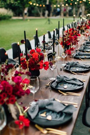 Red And Black Romantic Wedding, Red Wedding Theme Outdoor, Red Black And White Engagement Party, Deep Red And Black Wedding, Wine Red And Black Wedding Theme, Black And Wine Red Wedding, Red And Black Wedding Decor, Amy Abbott Events, Black Gold And Red Party Decorations