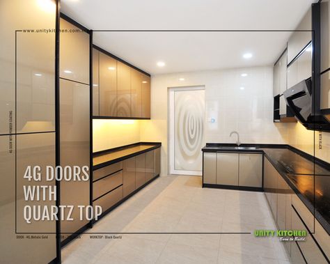 4G Glass Doors With Quartz Top by Unity Kitchen Sdn Bhd.  #KitchenCabinet #4GDoor #Melamine #QuartzTop #Luxury #Modern #GoldColourGlass Glass Door Kitchen Cabinets, Kitchen Malaysia, Glass Kitchen Cabinet Doors, Glass Kitchen Cabinets, Built In Cabinet, Glass Kitchen, Home Reno, Glass Door, Cupboard