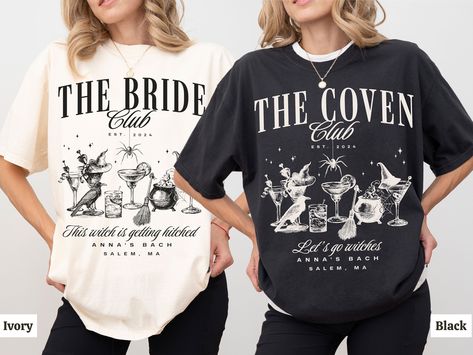 Witchy bachelorette party shirts for celebrating with your witches! Custom design printed on soft Comfort Colors tees and completely personalizable (all text elements!) for your event. Perfect as bridesmaids gifts to tie the spooky or Halloween theme together!  Image color on bridesmaids shirts will match the chosen bride shirt (ivory design for ivory bride shirt and white for white bride shirt, unless you note otherwise).  This listing is for a single shirt. Please add the number of shirts you' Witchy Bachelorette Party, Gothic Bridesmaids, Witchy Bachelorette, Bridesmaids Shirts, Lets Go Ghouls, Bride Or Die, Text Elements, Ivory Bride, Witch Coven