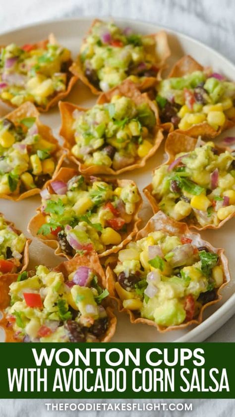 Shrimp Avocado Wonton Cups, Mexican Themed Thanksgiving, Avocado Wontons, Wonton Cups Appetizers, Vegetarian Wonton, Wonton Appetizers, Avocado Corn Salsa, Vegan Finger Foods, Wonton Cups