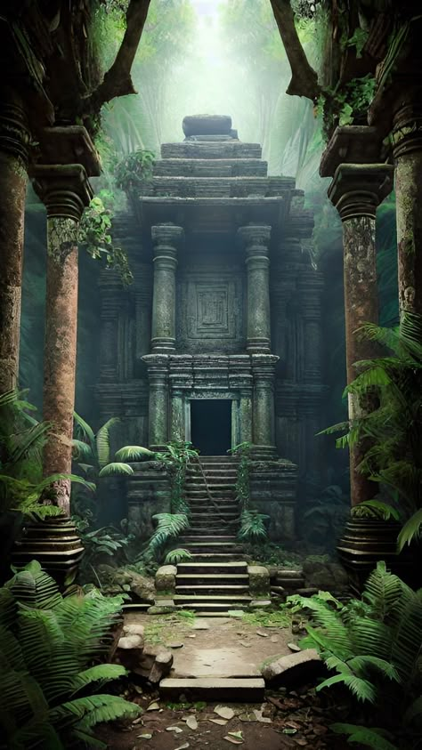 Jungle Kingdom Aesthetic, Jungle Temple Battlemap, Temple In Jungle, Jungle Temple Concept Art, Fantasy Jungle Temple, Forest Temple Zelda, Jungle Ruins, Hidden Temple, Jungle Temple