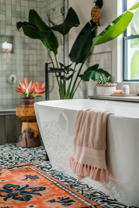 Transform your bathroom into a chic bohemian oasis with inspiring and creative ideas! Combine vibrant patterns, natural textures, and eclectic decor to create that perfect relaxed vibe. Think about incorporating plants, unique shower curtains, and rustic accents for a truly awesome space. Exploring how to mix colors and layers in your bathroom can make all the difference. Dive into a world of fun tiles, warm lighting, and artistic finishes that make every visit to this space a delightful experience. You won’t believe how easy yet impactful these tips can be! Bohemian Bathroom Ideas, How To Mix Colors, Plants Unique, Dining Room Colour Schemes, Bohemian Dining Room, Bohemian Bathroom, Bedroom Colour Palette, Eclectic Aesthetic, Bohemian Farmhouse