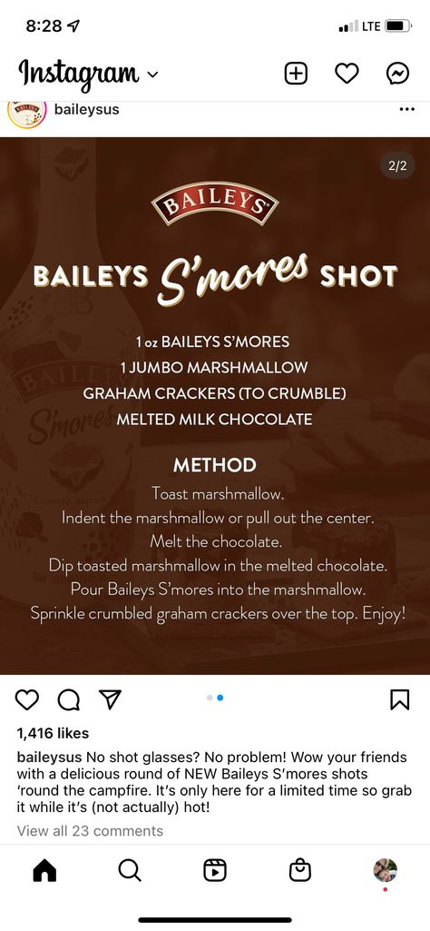 Smores Baileys, Baileys Smores Recipes Drinks, Baileys Smores, Baileys Drinks, Smore Recipes, Recipes Drinks, Mixed Drinks Recipes, Toasted Marshmallow, Fall Dinner