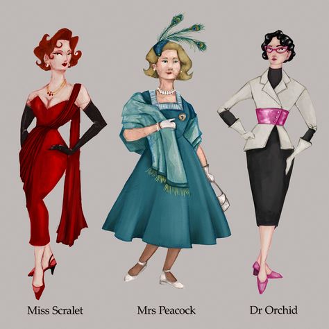 ArtStation - Costme Design: Clue Clue The Play Costumes, Dr Orchid Clue Costume, Clue Characters Costume, Clue Party Outfits, Clue Costume Ideas, Mrs Peacock Clue Costume Ideas, Clue Inspired Outfits, Clue Play Costumes, Mrs Scarlett Clue