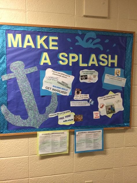 Make A Splash Bulletin Board Ra Inspiration, Ocean Bulletin Board, Ra Programs, Resident Assistant Bulletin Boards, Ra Bulletin Board Ideas, Resident Assistant Ideas, Ra Board Ideas, Dorm Themes, College Bulletin Boards