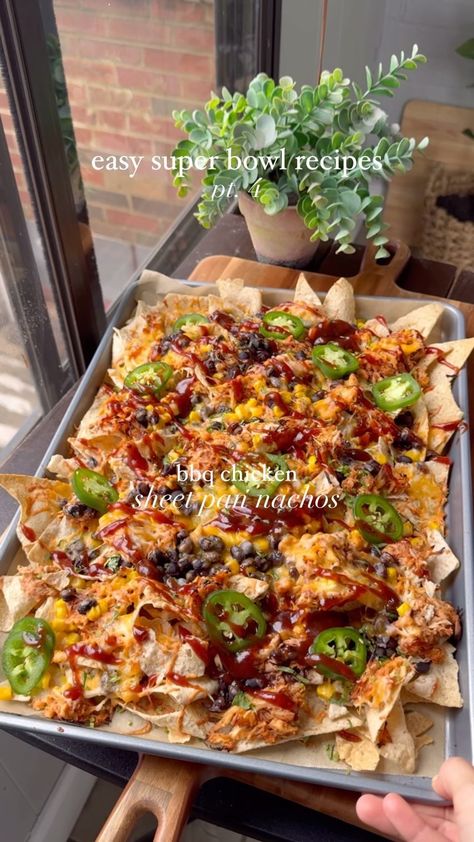 BBQ Chicken Nachos. Another simple, delicious recipe for Super Bowl! I love sheet pan nachos and you can’t go wrong with a bbq chicken… | Instagram Family Meal Recipes Dinners, Sheet Pan Bbq Chicken Nachos, Dinners For Parties, Unique Nachos Recipes, Bbq Nachos Recipe Chicken, Gameday Dinner Ideas, Thursday Night Football Dinner, Barbeque Nachos, Easy Dinner For One Person