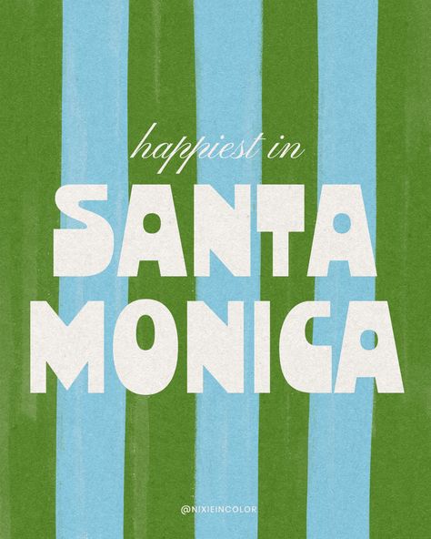 blue and green retro striped graphic that celebrates life in Santa Monica, California. this vintage beachy design was created by Nicole Goldfarb @nixieincolor on Instagram. Stripe Graphic Design, 70s Inspired Design, Location Graphic Design, Preppy Graphic Design, Art Shop Logo, Street Style Graphic Design, This Or That, Happy Graphic Design, Summer Logo Design