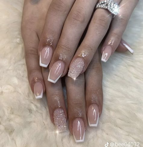 Short Coffin Overlay Nails, Champagne Gel Manicure, Short Acrylics With Rhinestones, Birthday Nails Coffin Spring, Gel Overlay Nails Natural Short French Tip, Short Square Wedding Nails, Wedding Coffin Nails, Coffin Nail Ideas Short, French Manicure Designs For Short Nails