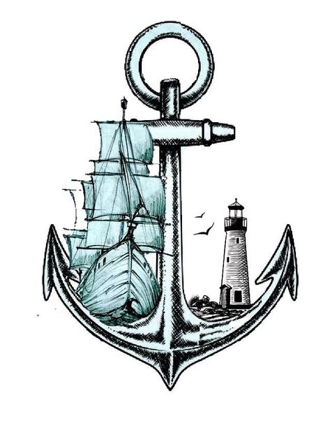 Nautical Art Drawing, Lighthouse And Anchor Tattoo, Lighthouse Anchor Tattoo, Ship And Anchor Tattoo, Seaman Tattoo, Navy Drawings, Anchor Sketch, Nautical Drawings, Anchor Drawing