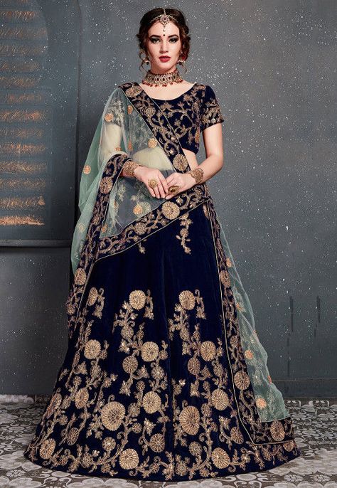 Navy Blue Lehenga, Bridesmaid Lehenga, Velvet Lehenga, Black Lehenga, Blue Lehenga, Lehenga Online, Embroidered Lehenga, Lehenga Blouse, Half Sleeve Blouse