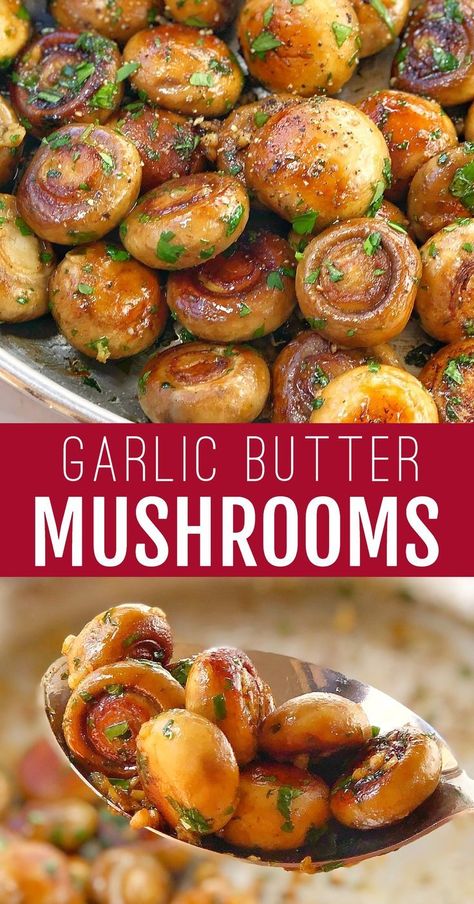 Garlic Butter Mushrooms - plump, juicy mushrooms sauteed in plenty of garlic and butter then finished off with parsley and a squeeze of lemon. These super easy garlic butter mushrooms are both keto and low carb, and make a perfect side dish families will love! #chefnotrequired #buttermushrooms #lowcarbfood #keto #garlicmushrooms Mushrooms Sauteed, Easy Garlic Butter, Butter Mushrooms, Steak Sides, Mushroom Side Dishes, Garlic Butter Mushrooms, Steak Side Dishes, Side Dishes For Chicken, Vegan Side Dishes