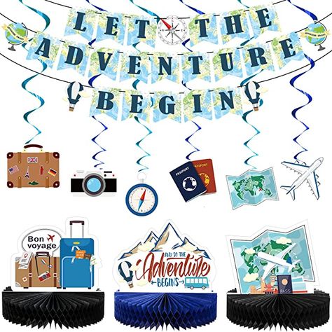 Amazon.com: 16 Pieces Travel Themed Party Decorations Let the Adventure Begin Banner Bon Voyage Party Decorations Travel Honeycomb Centerpieces for Travel Baby Shower Graduation Retirement Farewell Party Supplies : Toys & Games Vintage Maps Printable, Travel Party Decorations, Vintage Signs Decor, Farewell Party Decorations, Bon Voyage Party, Travel Baby Showers, Travel Party Theme, Map Printable, Retirement Party Decorations