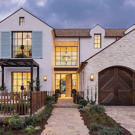 French Transitional Home, Transitional French Country, French Transitional, French Country Exterior, Brick Archway, Custom Front Doors, French Oak Flooring, Beach House Exterior, French Style Homes