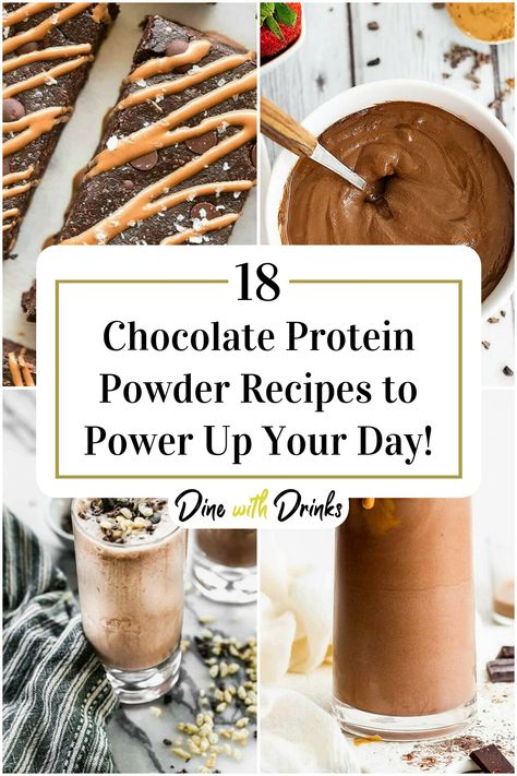 Collage of 4 chocolate protein powder recipes. What To Do With Chocolate Protein Powder, Vegan Chocolate Protein Powder Recipes, Chocolate Protein Snack Recipes, Deserts With Protein Powder, Using Protein Powder In Baking, How To Bake With Protein Powder, Nuzest Protein Recipe, Uses For Chocolate Protein Powder, Whey Chocolate Protein Powder Recipes