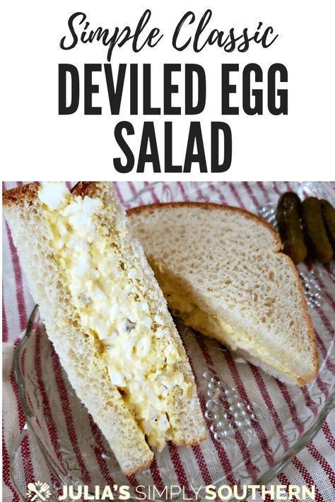 Make the perfect small batch of classic egg salad for 1-2 sandwiches. This delicious deviled egg salad recipe is delicious with the addition of dill pickle cubes. A great lunch any day of the week. #eggsalad #deviledeggsalad #classiceggsalad #southernfood #southernrecipes #lunchrecipes Deviled Egg Salad Sandwich, Deviled Egg Sandwich Recipes, Deviled Egg Salad Recipe, Deviled Egg Sandwich, Classic Egg Salad Recipe, Deviled Egg Salad, Egg Salad Sandwich Recipe, Devilled Eggs Recipe Best, Deviled Eggs Recipe Classic