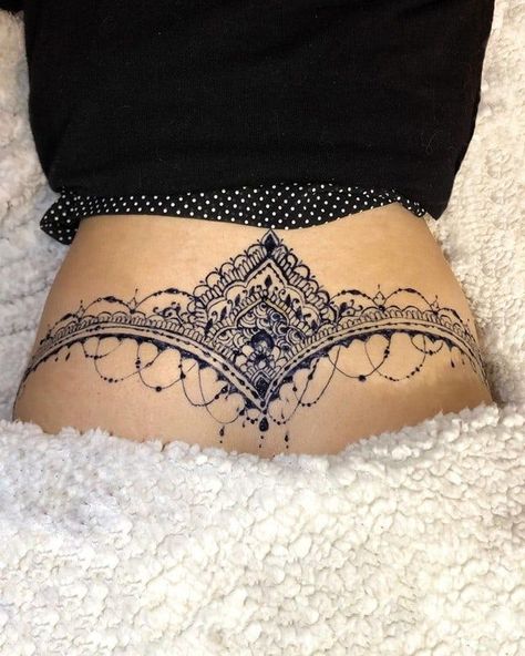 Women Mandala Back Tattoo, Lower Back And Hip Tattoos For Women, Mandala Tattoo Stomach Women, Lace Tattoo Lower Back, Mehndi Lower Back Tattoos, Lace Tattoo Design Back, Mandala Lower Back Tattoo Women, Lower Back Tattoo Ideas For Women, Henna Tattoo Designs Waist