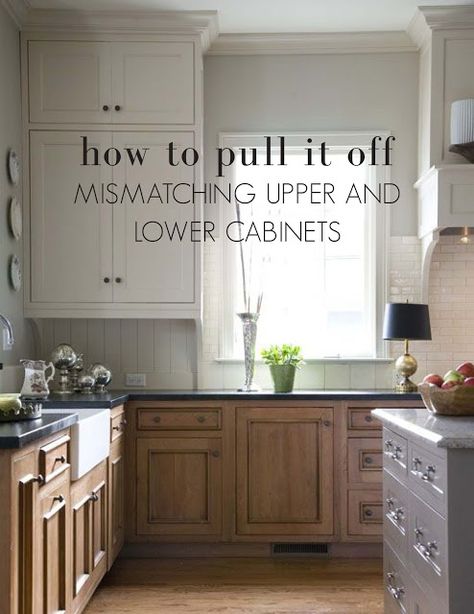 Ourso Designs: Mismatching Upper & Lower Cabinets: How to pull it off! Mismatch Kitchen, Mismatched Kitchen, Colored Cabinets, Redo Kitchen, Kitchen Cabinets Color Combination, Unfinished Cabinets, Ikea Stuff, Contemporary Kitchen Cabinets, Lower Cabinets