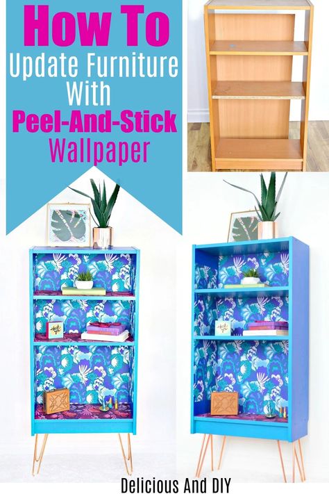 Learn how to easily Update a Bookshelf Using Peel And Stick Wallpaper.This a great DIY and budget friendly as Removable Wallpaper can be used for walls as well a to transform furniture pieces. #repurposed #hairpinlegs #thriftedtransformations #peelandstick Applying Wallpaper To Furniture, Wallpaper Bookshelf Diy, Bookshelf With Wallpaper Backing, Using Peel And Stick Wallpaper, Nightstand Redo, Transform Furniture, Wallpaper Bookshelf, Bookshelf Makeover, Book Furniture