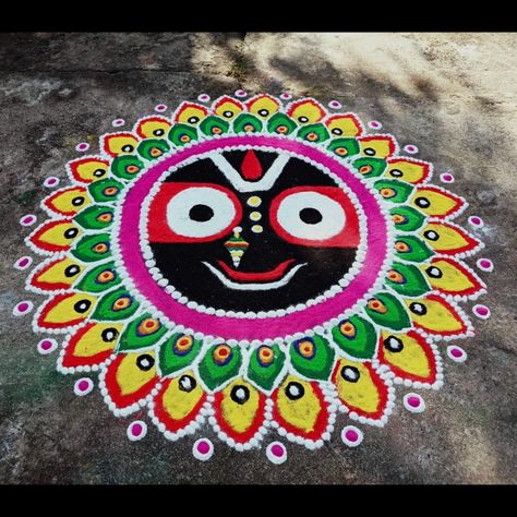 Jagannath Muruja Rangoli, New Year Rongali, Jagannath Rangoli Design Easy, Lord Jagannath Rangoli, Jagannath Rangoli Design, Jagannath Rangoli, Rangoli Designs For Competition, Tulsi Vivah, Jai Jagannath