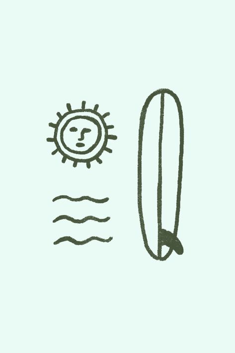 Sun, Saltwater & Waves Surf Inspired Tattoos, Surf Drawing Doodles, Surfer Branding, Surfer Doodle, Surf Brand Logo, Surfing Doodle, Surfing Branding, Surfing Tattoos Men, Surf Doodles