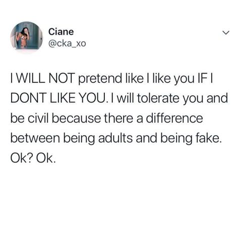 I will NOT pretend like I like you if I don’t like you. I will tolerate you and be civil because there’s a difference between being adults and being fake. Ok? Ok. Feelings Tweets, Quotes For Teenagers, I Dont Like You, Truth Hurts, Baddie Quotes, Real Talk Quotes, Self Quotes, Real Quotes, Fact Quotes