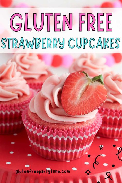 If you're searching for easy gluten free recipes to make for a party, why not learn how to make gluten free strawberry cupcakes with this step by step recipe. Made with strawberry preserves and topped with homemade buttercream frosting, you can whip up this easy recipe with a few GF ingredients to make an amazing dessert for any celebration -- from birthdays to Easter dinner. Gluten Free Strawberry Cupcakes, Gluten Free Birthday Cake Recipe, Gluten Free Red Velvet Cupcakes, Cupcakes With Strawberry Frosting, Gluten Free Strawberry Cake, Gluten Free Cupcake Recipe, Strawberry Cupcake Recipes, Gluten Free Cupcakes Vanilla, Gluten Free Birthday Cake