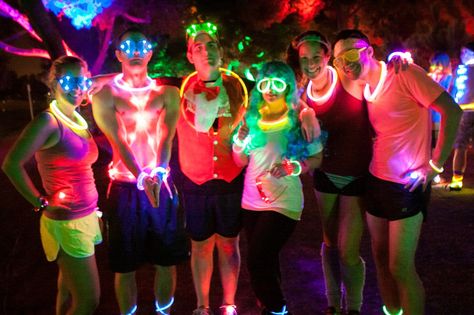 We need ideas for our Moonlight Run, check them out - and help us out: glow run | You run through areas like this! Neon Running Outfit, Walkathon Ideas, 5k Costume, Neon Run, Glow Run, 5k Run, Mother Runner, Neon Birthday, Dark Party