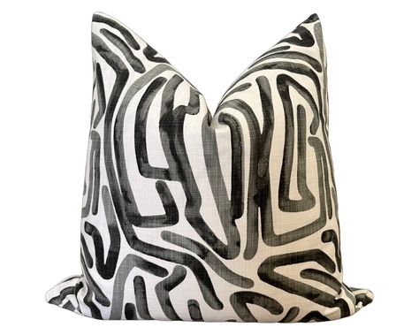 Labyrinth abstract print pillow cover in faded salmon and white Color: Black (brushed) and White Pattern on both sides Size: 20x20 inch or 12x20 inch Overcast & Serged stitched for a professional and durable finish Invisible zipper enclosure Pillow form not included Due to pattern repeat, pattern layout or appearance will vary slightly for each pillow Machine Wash Cold/Flat Dry/Iron Maze Design, White Decorative Pillows, Black And White Pillows, Beige Pillows, Pillow Form, Black Pillows, Outdoor Pillow Covers, Print Pillow, Linen Pillow Covers