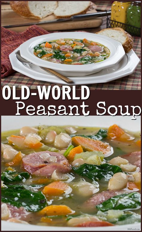 Our Old-World Peasant Soup is full of fresh veggies, beans, and kielbasa. It's comfort in a bowl! Peasant Food Recipes, Peasant Stew, Peasant Recipes, Peasant Soup Recipe, Peasant Soup, Dnd Food, Chicken Soup Recipes Easy, Peasant Food, Tv Recipes