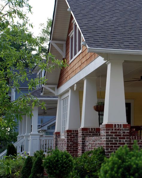 Exterior Brick House Colors, Bungalow Porch, Craftsman Columns, Brick House Colors, House Canopy, Brick Columns, Craftsman Design, Porch Columns, Craftsman Exterior