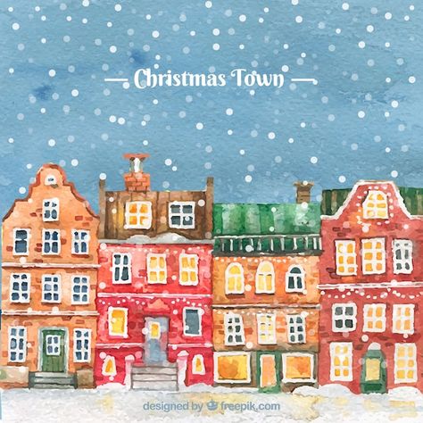 Christmas Village Card, Town Drawing, Watercolour Christmas, Screen Printing Art, Watercolor City, Cozy Christmas Decor, Easy Christmas Gifts, Watercolor Christmas Cards, Christmas Town