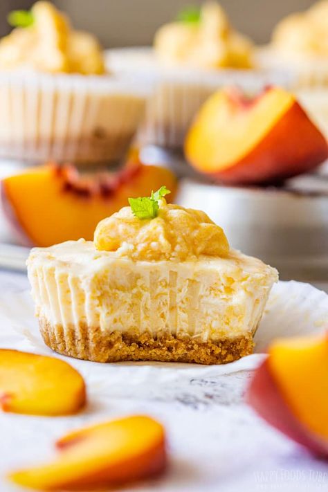 Bite Taken from Mini Peach Cheesecake No Bake Mini Cheesecakes, Finger Desserts, Easy Homemade Desserts, Peach Cheesecake, Peach Pie Filling, Mini Cheesecake Recipes, Baked Peach, Homemade Recipes Dessert, Peach Desserts