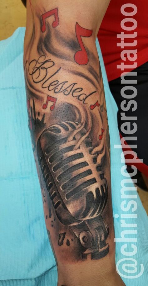 Music Forearm Tattoo Men, Music Neck Tattoo Men, Arm Tattoo Stencil For Men, Music Producer Tattoo, Dude Tattoos Ideas, Dream Chaser Tattoo For Men, Music Neck Tattoo, Half Sleeve Ideas, Hood Tattoo For Men