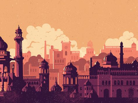 More explorations capturing the skyline and architecture of the old city. Illustration Building, Wall Illustration, Painting City, City And Colour, Indian Illustration, Skyline Painting, Building Illustration, City Painting, City Illustration