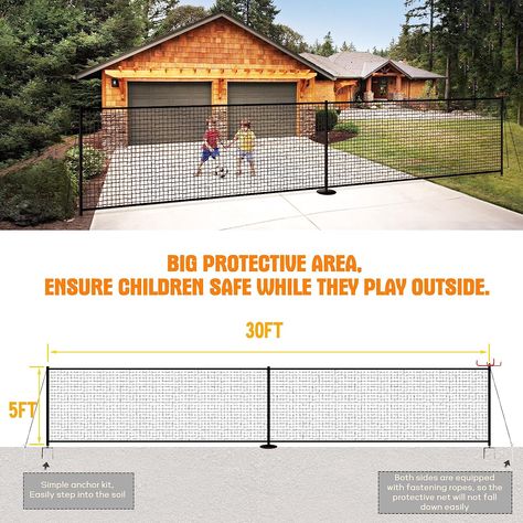 Removable Driveway Fence! Driveway Safety Net Diy, Yard Play Area, Driveway Barrier, Temporary Fence For Dogs, Toddler Gate, Driveway Fence, Portable Fence, Diy Driveway, Fence Outdoor