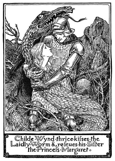 The Laidly Worm – Old Book Illustrations Knight Lady, Sea Maiden, Celtic Fairy, Nice Drawings, Walter Crane, Fairytale Illustration, Fairy Book, Ink Illustration, Fairytale Art