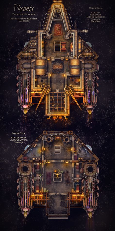 "Pheonix" Spaceship | Inkarnate - Create Fantasy Maps Online Spaceship Battlemap, Spelljammer Maps, Spaceship Map, Inkarnate Maps, Steampunk Ship, Flying Ship, Steampunk Airship, Map Layout, Ship Map